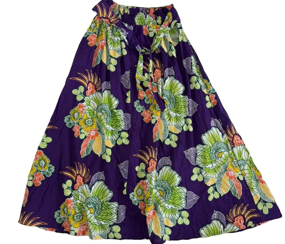 Jackpot Vtg Bright Purple Floral 100% Cotton Woven A-Line Maxi Skirt Pull On